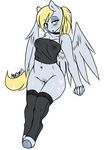  2013 anthro anthrofied avante92 blonde_hair blush breasts clothing cutie_mark derp_eyes derpy_hooves_(mlp) equine feathered_wings feathers female friendship_is_magic grey_feathers hair hi_res legwear looking_at_viewer mammal my_little_pony navel pegasus ponytail pussy shirt simple_background solo standing stockings white_background wings yellow_eyes 