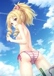  absurdres ass back bikini bikini_top_removed blonde_hair blue_sky blush bow breasts brown_eyes cloud commentary_request covering covering_breasts day drill_hair eromanga_sensei from_behind hair_bow highres long_hair looking_at_viewer looking_back outdoors pointy_ears revision side-tie_bikini sky small_breasts solo standing striped striped_bikini swimsuit tomifumi topless wading water wet yamada_elf 