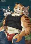  2018 abs anthro canine clothe clothed clothing feline gou_(character) group group_sex himitsuri_no_lagoon kuugo_(character) male mammal muscular muscular_male naruever open_mouth pantherine patreon sex smile threesome tiger underwear wolf yuujirou_(character) 