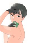  black_hair cellphone dark_skin dark_skinned_male gloves grey_eyes looking_at_viewer male_focus nipples open_mouth phichit_chulanont phone shirtless simple_background smartphone smile solo thick_eyebrows tmku white_background yuri!!!_on_ice 