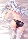  all_fours ass black_panties bow capelet duplicate flat_chest from_above from_behind hair_bow hair_ribbon highres long_hair looking_back melty_blood open_mouth orochi_itto panties pointy_ears profile red_eyes ribbon silver_hair solo sweat thighhighs topless tsukihime underwear white_legwear white_len 
