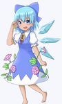  barefoot blue_eyes blue_hair blue_wings cirno clenched_hand dadamori flower folded_leg full_body hair_ribbon hand_to_forehead looking_at_viewer morning_glory open_mouth puffy_short_sleeves puffy_sleeves ribbon short_hair short_sleeves simple_background solo standing sunflower tan tanned_cirno touhou v white_background wings 