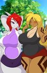 big_breasts blonde_hair blush breasts clothing curvaceous dragon female hair huge_breasts mastergodai rattlesnake red_hair reptile sanaki_koga scalie shirt snake tank_top thick_thighs voluptuous wide_hips 