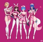  4girls :d ahri alternate_costume animal_ears animal_print arm_at_side arm_strap arm_tattoo artist_name ass_visible_through_thighs bangs bare_shoulders belt blonde_hair blue_eyes blue_hair blunt_bangs blush bow bow_legwear breasts brown_eyes brown_hair bunny_ears bunny_print choker citemer cleavage cleavage_cutout clipboard closed_mouth collarbone collared_dress commentary contrapposto corset cowboy_shot cross cross_print crossover d.va_(overwatch) detached_collar dress elbow_gloves english eyelashes eyes_visible_through_hair facepaint facial_mark fake_animal_ears fingernails fish flipped_hair fox_ears fox_tail full_body garter_straps gloves gradient groin hair_between_eyes hair_bow hair_ornament hair_over_one_eye hair_ribbon hairclip hairpin hand_on_hip hand_on_own_chest hand_up hat headphones heart heart_choker heart_hair_ornament high_collar high_heels high_ponytail highleg highres hips holding holding_clipboard holding_syringe kneehighs lace lace-trimmed_kneehighs lace-trimmed_thighhighs large_breasts league_of_legends leg_garter leg_ribbon legs legs_apart legs_together leotard lips lipstick logo long_fingernails long_hair long_legs long_sleeves looking_at_viewer makeup medium_breasts mercy_(overwatch) multiple_crossover multiple_girls nail_polish neck_ribbon nose nurse nurse_cap open_mouth overwatch pantyhose parted_bangs parted_lips patch pink_background pink_belt pink_bow pink_dress pink_footwear pink_hat pink_lips pink_lipstick pink_nails pink_ribbon ponytail purple_background purple_ribbon re:zero_kara_hajimeru_isekai_seikatsu red_cross red_leotard red_nails rem_(re:zero) ribbon round_teeth shoes short_dress short_hair short_ponytail short_wings shoulder_pads side_slit sidelocks signature simple_background single_wing skindentation sleeveless sleeveless_dress smile standing strapless strapless_leotard strappy_heels swept_bangs syringe tail tassel tattoo taut_clothes taut_dress teeth test_tube thigh_strap thighhighs thighs upper_teeth watermark whisker_markings white_bow white_choker white_gloves white_legwear white_wings wing_collar wings wrist_cuffs x_hair_ornament yellow_eyes 