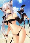  :d absurdres ahoge animal_ears arm_garter bangs bare_legs bare_shoulders beach bikini bikini_pull black_bikini black_bow black_choker black_garter blue_sky blush bow bow_bikini bow_choker breasts choker cloud cloudy_sky collarbone cowboy_shot cropped day detached_sleeves eyebrows_visible_through_hair eyes_visible_through_hair fang fingernails frills grey_hair groin hair_between_eyes hair_bow half-closed_eyes highres holding_strap kobayashi_yoshitaka large_breasts long_fingernails long_hair looking_at_viewer low_tied_hair low_twintails navel non-web_source ocean open_mouth orange_eyes original outdoors pulled_by_self scan side-tie_bikini sidelocks single_detached_sleeve single_wrist_cuff sky smile solo standing stomach strap_pull strapless strapless_bikini string_bikini swimsuit tail tail_bow thigh_gap tiger_ears tiger_girl tiger_tail toranoana tubetop twintails untied untied_bikini very_long_hair water wrist_bow 