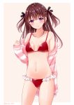  3: bangs bikini black_bow blush bow brown_background brown_hair closed_mouth commentary_request eyebrows_visible_through_hair frilled_bikini frills hair_between_eyes hair_bow hand_up head_tilt jacket long_hair long_sleeves looking_at_viewer off_shoulder open_clothes open_jacket original purple_eyes red_bikini sakura_hiyori sleeves_past_wrists solo standing striped_jacket swimsuit twitter_username two-tone_background two_side_up white_background 