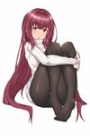  :&lt; aori_sora commentary eyebrows_visible_through_hair fate/grand_order fate_(series) head_tilt highres leg_hug legs_together long_hair looking_at_viewer open_mouth pantyhose purple_eyes purple_hair scathach_(fate)_(all) scathach_(fate/grand_order) simple_background sitting solo sweater turtleneck turtleneck_sweater very_long_hair white_background 