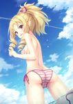  ass back bikini bikini_top_removed blonde_hair blue_sky blush bow breasts brown_eyes cloud commentary_request covering covering_breasts day drill_hair eromanga_sensei from_behind hair_bow highres long_hair looking_at_viewer looking_back md5_mismatch outdoors pointy_ears revision side-tie_bikini sky small_breasts solo standing striped striped_bikini swimsuit tomifumi topless wading water wet yamada_elf 
