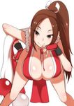  are_(arearee) breasts brown_eyes brown_hair cleavage closed_fan fan fatal_fury folding_fan hanging_breasts highres japanese_clothes large_breasts leaning_forward long_hair ninja pelvic_curtain ponytail revealing_clothes shiranui_mai snk solo the_king_of_fighters 