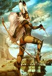  aircraft airship animal_ears arrow ass bow_(weapon) breasts bunny_ears dark_skin ears_through_headwear final_fantasy final_fantasy_xii fran from_side genzoman helmet long_hair looking_at_viewer looking_to_the_side medium_breasts ponytail red_eyes revealing_clothes solo thighhighs viera weapon white_hair 