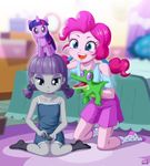 2girls age_difference alligator blue_eyes grey_skin hair_tie maud_pie multiple_girls my_little_pony my_little_pony_equestria_girls my_little_pony_friendship_is_magic personification pink_hair pink_skin pinkie_pie puppet purple_hair short_twintails sisters socks stone stuffed_toy twilight_sparkle uotapo younger 