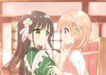  :o ama_usa_an_uniform apron bangs blush breasts brown_hair cafe closed_mouth commentary_request day eye_contact eyebrows_visible_through_hair finger_to_another's_mouth flower gochuumon_wa_usagi_desu_ka? green_eyes green_kimono hair_flower hair_ornament hair_ribbon hairclip hoto_cocoa indoors japanese_clothes kimono long_hair long_sleeves looking_at_another multiple_girls open_mouth orange_hair polka_dot_trim purple_eyes ribbon sedona shirt sidelocks small_breasts smile striped striped_kimono sunlight ujimatsu_chiya upper_body wall white_apron white_ribbon white_shirt window yuri 