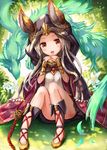  animal_ears brown_eyes cloak commentary_request convenient_leg day dragon ears_through_headwear erune flower food granblue_fantasy grass grey_hair hamburger holding holding_food hood hooded_cloak long_hair looking_at_viewer on_ground open_mouth outdoors sakura_ani scathacha_(granblue_fantasy) sitting solo 