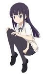  absurdres apron bangs collared_shirt full_body highres long_hair looking_at_viewer pleated_skirt purple_eyes purple_hair shirt simple_background sitting skirt solo thighhighs villdona wagnaria_uniform white_background working!! yamada_aoi zettai_ryouiki 