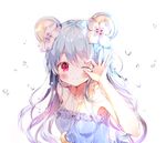  ;3 animal_ears b_rock bad_id bad_pixiv_id bangs bare_arms bare_shoulders blue_hair blush breasts camisole closed_mouth crescent eyebrows_visible_through_hair flower hair_between_eyes hair_flower hair_ornament jewelry long_hair looking_at_viewer medium_breasts mouse_ears necklace one_eye_closed original red_eyes smile upper_body water_drop white_background 