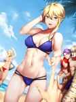  4boys agravain_(fate/grand_order) ahoge artoria_pendragon_(all) artoria_pendragon_(lancer) ass bedivere bikini blonde_hair blue_bikini blue_sky blush breasts cloud commentary_request covered_nipples day fate/apocrypha fate/grand_order fate_(series) gawain_(fate/extra) green_eyes highres kageshio_(276006) knights_of_the_round_table_(fate) lancelot_(fate/grand_order) long_hair looking_at_viewer medium_breasts mordred_(fate) mordred_(fate)_(all) mordred_(swimsuit_rider)_(fate) multi-strapped_bikini multiple_boys multiple_girls navel ocean open_mouth outdoors outstretched_arm palm_tree ponytail pov purple_hair red_bikini red_hair sand short_hair skindentation sky sweat swimsuit tree tristan_(fate/grand_order) twitter_username 