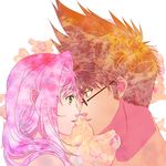  1girl brown_eyes brown_hair eye_contact flower glasses green_eyes kutsuno long_hair looking_at_another macross macross_7 mylene_jenius nekki_basara pink_hair 