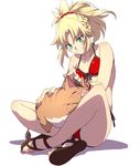  animal bikini blonde_hair blush boar breasts cis05 commentary_request fate/apocrypha fate/grand_order fate_(series) green_eyes indian_style mordred_(fate)_(all) mordred_(swimsuit_rider)_(fate) ponytail red_bikini sandals side-tie_bikini sitting small_breasts smile swimsuit white_background 