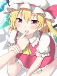  biting blonde_hair dadamori fangs finger_biting finger_in_mouth flandre_scarlet hat hat_ribbon looking_at_viewer mob_cap pointy_ears puffy_short_sleeves puffy_sleeves red_eyes ribbon shadow short_sleeves side_ponytail simple_background sitting skirt skirt_set slit_pupils solo touhou wariza white_background wings wrist_grab 