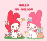  2015 arthropod basket beady_eyes blue_fur blush bow butterfly cute duo female flat_(sanrio) flower food fruit fur hood insect male mammal mouse my_melody plant please_my_melody ribbons rodent sanrio size_difference smile strawberry tree_stump waving white_fur れめでぃ 