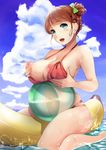  bad_id bad_pixiv_id ball banana_boat bangs bare_arms bare_legs bare_shoulders barefoot beachball bikini blue_eyes blue_sky blush bow braid breast_hold breasts brown_bikini brown_hair cloud cloudy_sky collarbone commentary_request day eyebrows_visible_through_hair french_braid green_bow hair_bow hair_bun hands_on_own_chest highres large_breasts looking_at_viewer navel neko_neko_koneko nipples ocean open_mouth original outdoors pink_lips puffy_nipples shiny shiny_skin short_hair sidelocks sitting skindentation sky smile solo sparkle swept_bangs swimsuit teeth upper_teeth water wet 