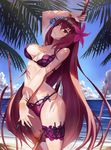  beach bikini blush breasts commentary_request day fate/grand_order fate_(series) flower gae_bolg hair_flower hair_ornament hibiscus kakumayu kunai long_hair looking_at_viewer md5_mismatch medium_breasts navel ocean outdoors purple_hair red_eyes sand scathach_(fate)_(all) scathach_(swimsuit_assassin)_(fate) solo standing swimsuit thigh_strap tree_shade water weapon 