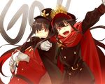  1girl black_hair cape cis05 commentary_request fate/grand_order fate_(series) gloves hat koha-ace long_hair looking_at_viewer military military_hat military_uniform oda_nobukatsu_(fate/grand_order) oda_nobunaga_(fate) one_eye_closed open_mouth red_eyes sidelocks smile uniform 