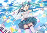  armpits balloon blush cloud elbow_gloves fingerless_gloves floating_hair gloves green_eyes green_hair hatsune_miku jin_young-in long_hair magical_mirai_(vocaloid) microphone open_mouth outstretched_arms petticoat piano_keys skirt sky solo spread_arms thighhighs twintails very_long_hair vocaloid 