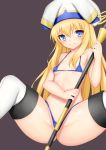  bikini blonde_hair blue_eyes breasts brown_background closed_mouth eyebrows_visible_through_hair goblin_slayer! hat holding holding_staff long_hair micro_bikini priestess_(goblin_slayer!) simple_background small_breasts smile solo spread_legs staff swimsuit thighhighs toshishikisai white_hat white_legwear 