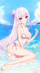  1girl barefoot bikini_pull breasts cleavage feet large_breasts looking_at_viewer mouth_closed purple_eyes side-tie_bikini side-tie_bottom silver_hair solo water 