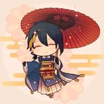  ^_^ black_gloves black_hair cherry_blossoms chibi closed_eyes egasumi gloves hakama japanese_clothes male_focus mikazuki_munechika oriental_umbrella petals smile touken_ranbu umbrella yori_(y_rsy) 