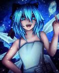  alternate_costume bangs blue_eyes blue_hair blue_pupils blurry cirno commentary_request dress fixelcat frozen_frog hair_ribbon hand_on_hip ice ice_wings koumajou_densetsu looking_at_viewer open_mouth ribbon shaded_face short_hair sleeveless sleeveless_dress smile snowing solo touhou white_dress wind wings 