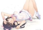  black_hair blush bow breasts clenched_hands commentary_request covered_nipples dated hair_bow hand_on_forehead kiya_shii knees_up large_breasts long_hair love_plus lying on_back ponytail purple_eyes shoes signature sneakers solo sportswear sweat takane_manaka tennis_uniform wristband 