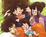  3boys ;) against_tree baby black_eyes black_hair blue_shirt blush brothers chi-chi_(dragon_ball) chinese_clothes closed_eyes diaper dragon_ball dragon_ball_z eyebrows_visible_through_hair family father_and_son finger_to_mouth grass grin happy looking_at_viewer mother_and_son multiple_boys one_eye_closed orange_pants shirt short_hair shushing siblings sleeping sleeping_on_person smile son_gohan son_gokuu son_goten spiked_hair tied_hair tkgsize tree white_shirt 