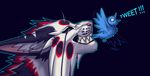  2016 avian beak bird blue_feathers cat feathered_wings feathers feline inner_ear_fluff kero_tzuki mammal pink_nose simple_background smile teeth wings 
