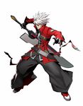  black_pants blazblue blazblue:_cross_tag_battle full_body heterochromia highres higuchi_konomi jacket male_focus official_art pants ragna_the_bloodedge red_jacket silver_hair simple_background solo spiked_hair sword weapon white_background 