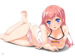  barefoot blue_eyes blush breasts camisole cleavage covered_nipples hair_ornament hairclip harinezumi_koubou leg_up legs long_hair lying midriff navel no_pants on_side open_mouth original panties pink_camisole pink_hair pink_panties small_breasts smile solo toes underwear 