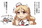  =_= blonde_hair blush brown_eyes commentary_request drunk grey_hair hat kantai_collection lawson long_hair multiple_girls open_mouth pola_(kantai_collection) revision tanaka_kusao thick_eyebrows tilted_headwear translated wavy_hair zara_(kantai_collection) 