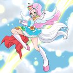  animal_ears aqua_hairband blue_skirt boots clenched_hand cloud cure_parfait dengeki_gx earrings elbow_gloves food_themed_hair_ornament full_body gloves green_eyes hair_ornament hairband horse_ears horse_girl horse_tail jewelry kirahoshi_ciel kirakira_precure_a_la_mode knee_boots long_hair looking_at_viewer magical_girl pink_hair precure skirt sky smile solo standing standing_on_one_leg tail white_footwear white_gloves white_wings wings 