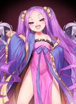  bangs bare_shoulders bow breasts chinese_clothes collarbone covered_face covered_navel cowboy_shot dress fang fate/grand_order fate_(series) hanfu long_hair long_sleeves looking_at_viewer looking_down matanonki off_shoulder open_mouth parted_bangs pelvic_curtain purple_eyes purple_hair robe sash shawl small_breasts smug solo_focus standing tsurime twintails very_long_hair wide_sleeves wu_zetian_(fate/grand_order) 