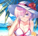  :d adapted_costume bikini breasts cleavage drink fate/grand_order fate_(series) finger_on_eyewear fujimaru_ritsuka_(female) glasses hair_over_one_eye hat holding_bikini_top large_breasts mash_kyrielight multiple_girls olga_marie_animusphere open_mouth purple_eyes purple_hair red_hair rei_(rei's_room) riyo_(lyomsnpmp)_(style) short_hair signature silver_hair smile swimsuit swimsuit_of_perpetual_summer 