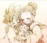  2boys baby brothers chi-chi_(dragon_ball) chinese_clothes clenched_hands closed_eyes dragon_ball dragon_ball_z family happy hug monochrome mother_and_son multiple_boys one_eye_closed short_hair siblings sleepy smile son_gohan son_goten tied_hair tkgsize traditional_media 