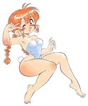  1girl blush character_request feet orange_hair oyatsu_(mk2) smile swimsuit thick_thighs thighs toes 