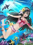  1girl bare_legs bare_shoulders bare_thighs barefoot bikini black_hair brown_eyes feet fish hair_ornament hairband legs looking_at_viewer pink_bikini ribbon shakugan_no_shana shana soles solo swimsuit thighs toes underwater water 