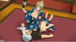  1boy 1girl areolae blonde_hair blue_eyes blush bottle breasts clothed_sex drunk folded_ponytail gintama highres indoors inusen japanese_clothes kimono kimono_pull kiseru large_breasts nipples open_clothes puffy_nipples rape sakata_gintoki short_hair tsukuyo_(gintama) whentai 