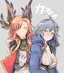  ahoge blush braid breasts brown_eyes brown_hair cape cleavage closed_eyes colorized embarrassed eyebrows_visible_through_hair gloves granblue_fantasy grey_background hair_ornament hand_on_another's_shoulder hood huge_breasts long_hair multiple_girls sayuco silva_(granblue_fantasy) silver_hair simple_background smile song_(granblue_fantasy) strap sweatdrop wavy_hair wavy_mouth 