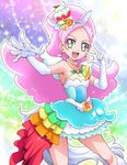  :d armpits bare_shoulders blue_hairband blue_skirt collarbone cowboy_shot cure_parfait elbow_gloves food_themed_hair_ornament gloves green_eyes hair_ornament hairband hanzou highres jewelry kirahoshi_ciel kirakira_precure_a_la_mode light_particles long_hair looking_at_viewer magical_girl necklace open_mouth outstretched_hand pink_hair precure rainbow_background rainbow_order skirt smile solo tail v white_gloves white_wings wings 