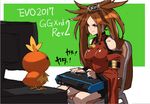  2017 arcade_stick bare_shoulders big_hair brown_eyes brown_hair chair china_dress chinese_clothes controller crossover dress evolution_championship_series game_controller gen_3_pokemon guilty_gear guilty_gear_xrd hair_tubes joystick kuradoberi_jam mad_catz makai playing_games pokemon pokemon_(creature) serious sitting torchic wide_sleeves 