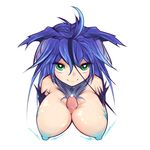  &gt;:) 1girl ahoge blue_hair blue_nipples breasts commentary eyebrows_visible_through_hair fur green_eyes hair_between_eyes heart heart-shaped_pupils hetero highres large_breasts looking_at_viewer monster_girl_encyclopedia nanostar nipples paizuri penis raijuu_(monster_girl_encyclopedia) simple_background smile solo_focus symbol-shaped_pupils upper_body v-shaped_eyebrows white_background 