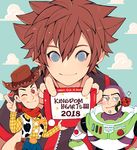  3boys blue_eyes brown_hair buzz_lightyear cowboy_hat dated disney flower hat heart kingdom_hearts kingdom_hearts_iii kvover_(applebloom) looking_at_viewer mouth_hold multiple_boys pixar rose scarf sheriff_woody smile sora_(kingdom_hearts) spacesuit sparkle toy_story 